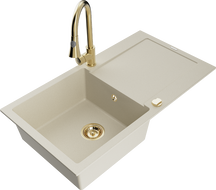 Mexen Leo évier en granit 1 bac avec égouttoir et robinet de cuisine Elia, beige - 6501-69-670101-50