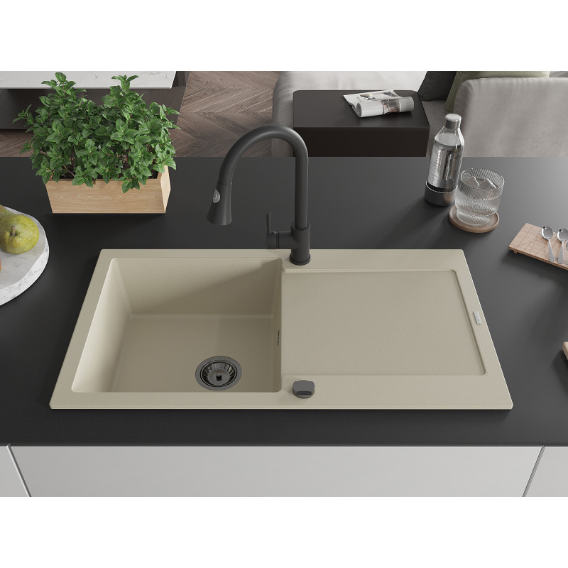 Mexen Leo évier en granit 1 bac avec égouttoir et robinet de cuisine Elia, beige - 6501-69-670101-70