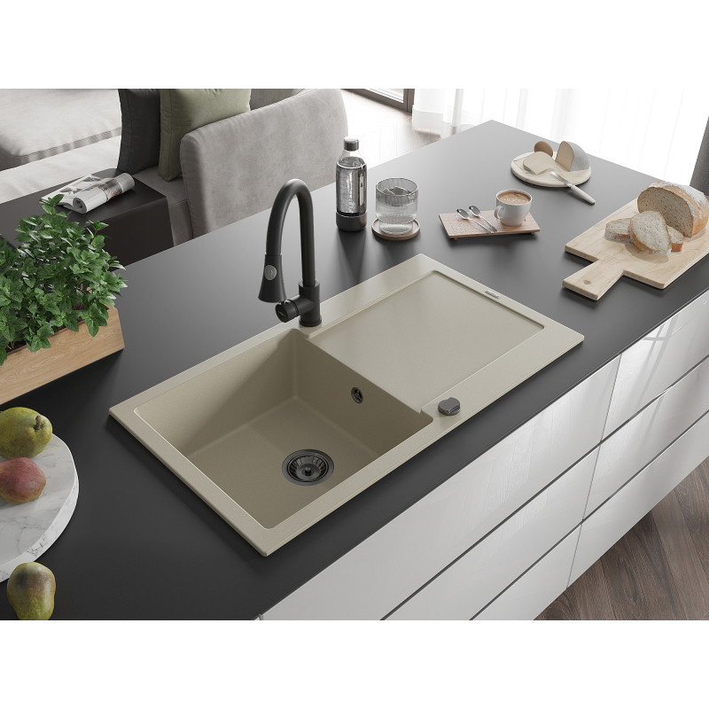 Mexen Leo Évier de cuisine en granit 1 bac avec égouttoir et robinet Elia, beige - 6501-69-670101-70