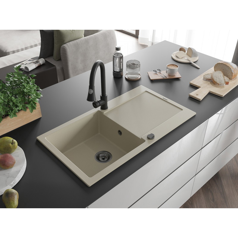 Mexen Leo évier en granit 1 bac avec égouttoir et robinet de cuisine Elia, beige - 6501-69-670101-70