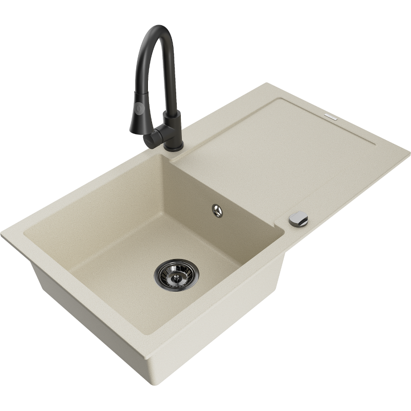 Mexen Leo évier en granit 1 bac avec égouttoir et robinet de cuisine Elia, beige - 6501-69-670101-70