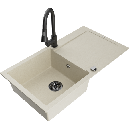 Mexen Leo évier en granit 1 bac avec égouttoir et robinet de cuisine Elia, beige - 6501-69-670101-70