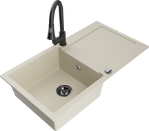 Mexen Leo évier en granit 1 bac avec égouttoir et robinet de cuisine Elia, beige - 6501-69-670101-70