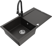 Mexen Leo évier en granit 1 bac avec égouttoir et robinet de cuisine Elia, noir/or métallisé - 6501-75-670101-70