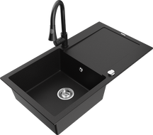 Mexen Leo évier en granit 1 cuve avec égouttoir et robinet de cuisine Elia, noir - 6501-77-670101-70