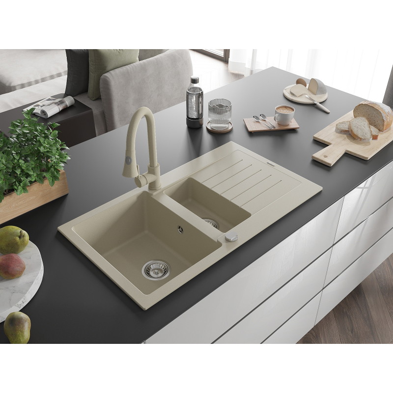 Mexen Matias évier en granit 1,5 bac avec égouttoir et robinet de cuisine Elia, beige - 6502-69-670101-69