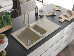 Mexen Matias évier en granit 1,5-bacs avec égouttoir et robinet de cuisine Elia, beige - 6502-69-670101-69
