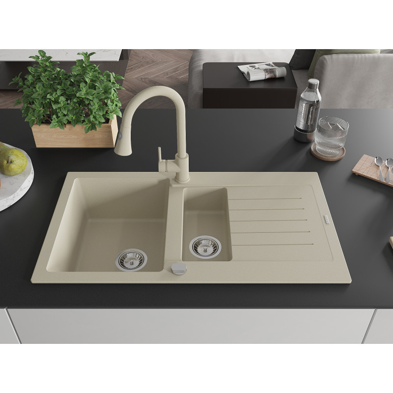 Mexen Matias évier en granit 1,5 cuves avec égouttoir et robinet de cuisine Elia, beige - 6502-69-670101-69
