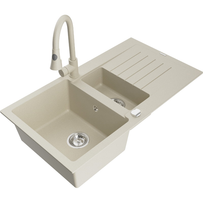 Mexen Matias évier en granit 1,5 bac avec égouttoir et robinet de cuisine Elia, beige - 6502-69-670101-69