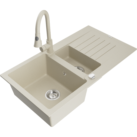 Mexen Matias évier en granit 1,5-bacs avec égouttoir et robinet de cuisine Elia, beige - 6502-69-670101-69