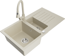 Mexen Matias évier en granit 1,5-bacs avec égouttoir et robinet de cuisine Elia, beige - 6502-69-670101-69