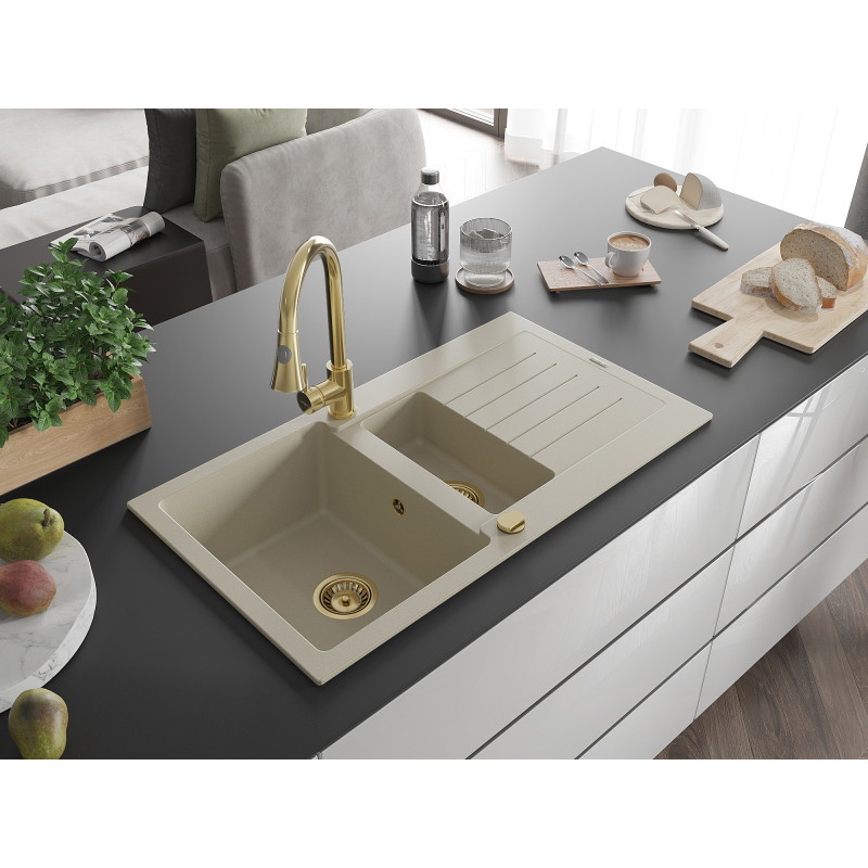 Mexen Matias évier en granit à 1,5 bac avec égouttoir et robinet de cuisine Elia, beige - 6502-69-670101-50