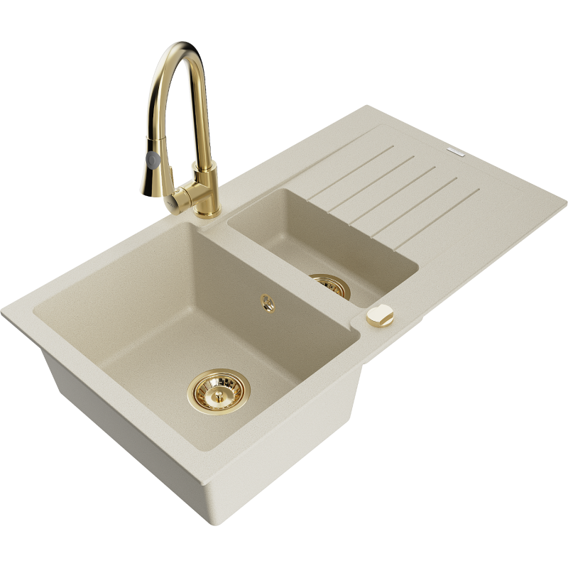 Mexen Matias évier en granit 1,5 bac avec égouttoir et robinet de cuisine Elia, beige - 6502-69-670101-50