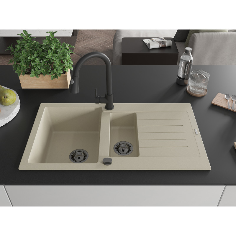 Mexen Matias évier en granit 1,5 bac avec égouttoir et robinet de cuisine Elia, beige - 6502-69-670101-70