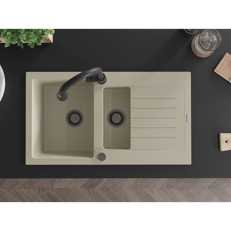 Mexen Matias évier en granit 1,5 cuves avec égouttoir et robinet de cuisine Elia, beige - 6502-69-670101-70