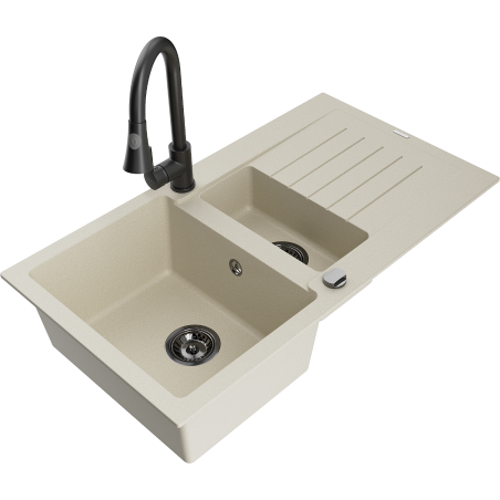 Mexen Matias évier en granit 1,5 cuves avec égouttoir et robinet de cuisine Elia, beige - 6502-69-670101-70