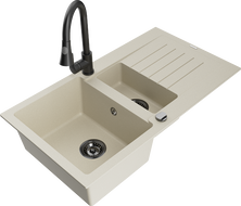 Mexen Matias évier en granit 1,5 cuves avec égouttoir et robinet de cuisine Elia, beige - 6502-69-670101-70