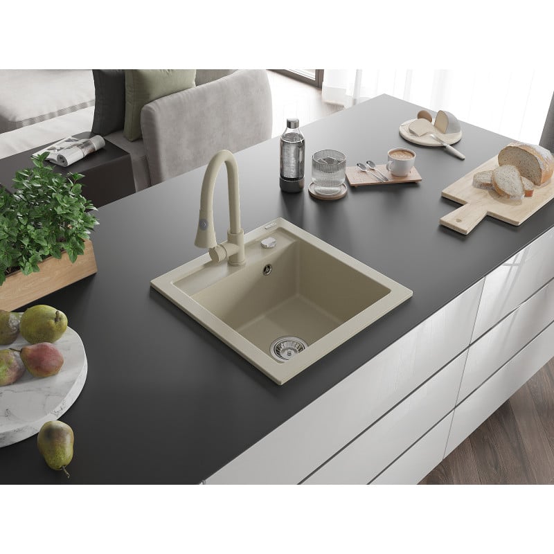Mexen Vito évier en granit 1-bac avec robinet de cuisine Elia, beige - 6503-69-670101-69