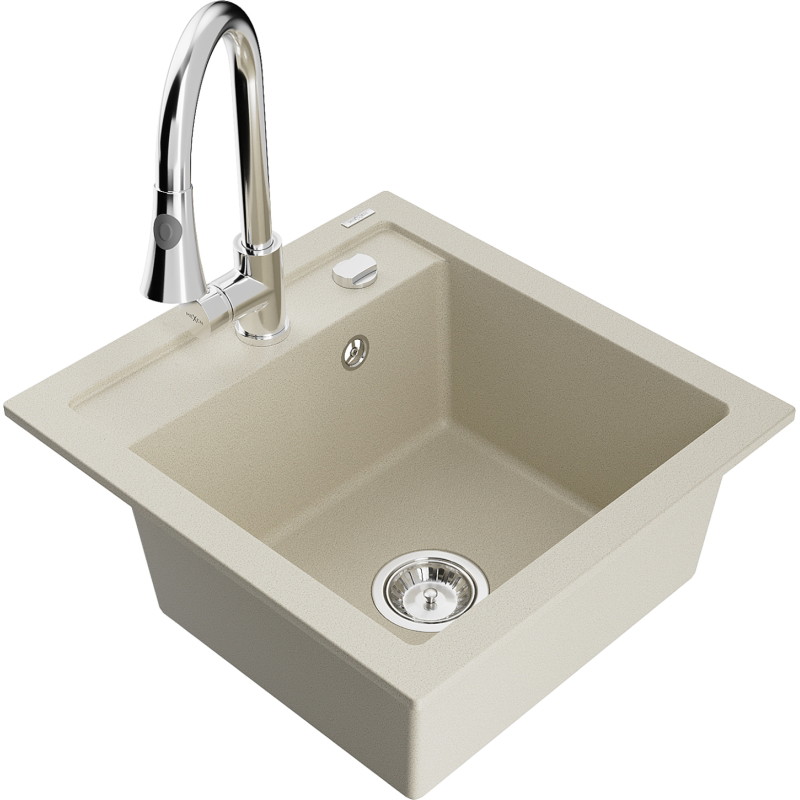 Mexen Vito évier de cuisine en granit 1-cuve avec robinet Elia, beige - 6503-69-670101-00