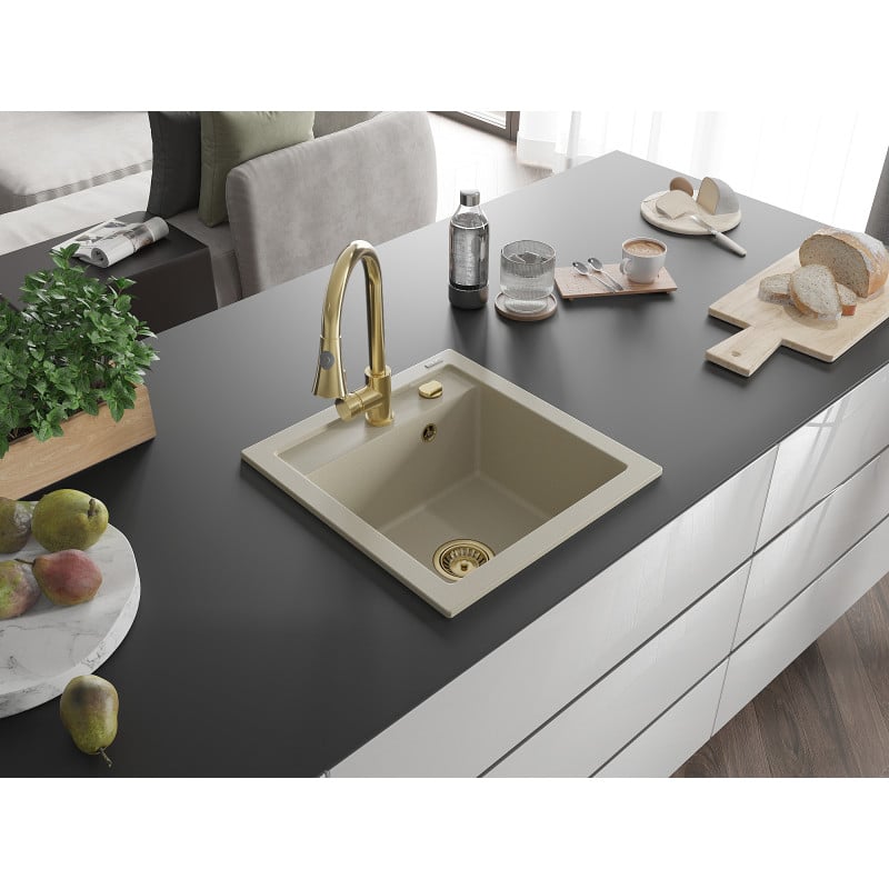 Mexen Vito évier en granit à 1 bac avec robinet de cuisine Elia, beige - 6503-69-670101-50