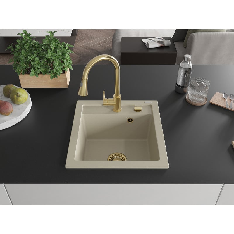 Mexen Vito évier en granit à 1 bac avec robinet de cuisine Elia, beige - 6503-69-670101-50