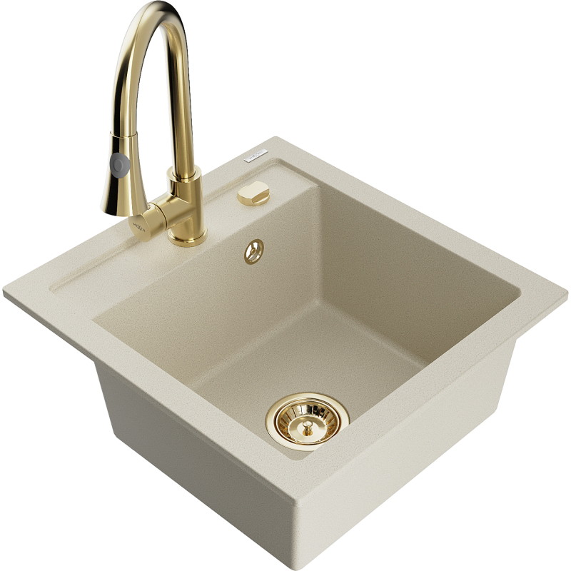 Mexen Vito Évier en granit 1 bac avec mitigeur de cuisine Elia, beige - 6503-69-670101-50