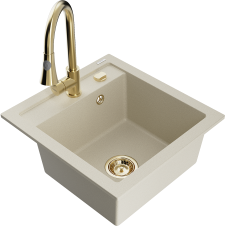 Mexen Vito évier en granit à 1 cuve avec robinet mélangeur Elia, Beige - 6503-69-670101-50