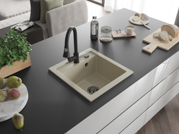 Mexen Vito évier en granit 1 bac avec robinet de cuisine Elia, beige - 6503-69-670101-70