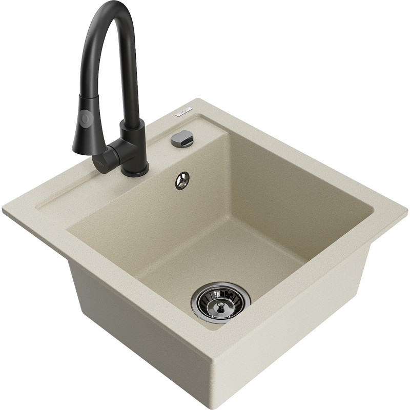Mexen Vito évier en granit à 1 bac avec robinet de cuisine Elia, beige - 6503-69-670101-70