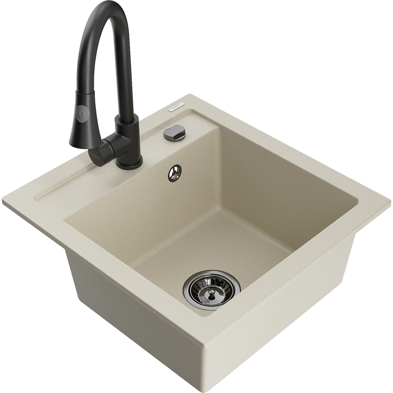 Mexen Vito évier en granit à 1 cuve avec robinet mélangeur Elia, Beige - 6503-69-670101-70