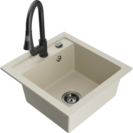 Mexen Vito évier en granit à 1 bac avec robinet de cuisine Elia, beige - 6503-69-670101-70