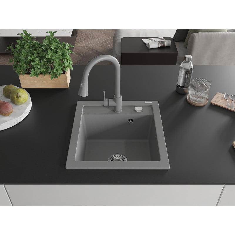 Mexen Vito évier en granit 1 bac avec robinet de cuisine Elia, gris - 6503-71-670101-71