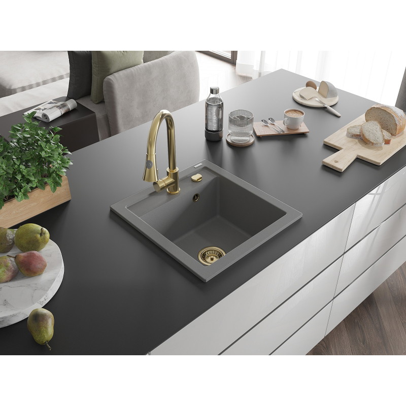 Mexen Vito évier en granit 1 cuve avec mitigeur de cuisine Elia, gris - 6503-71-670101-50