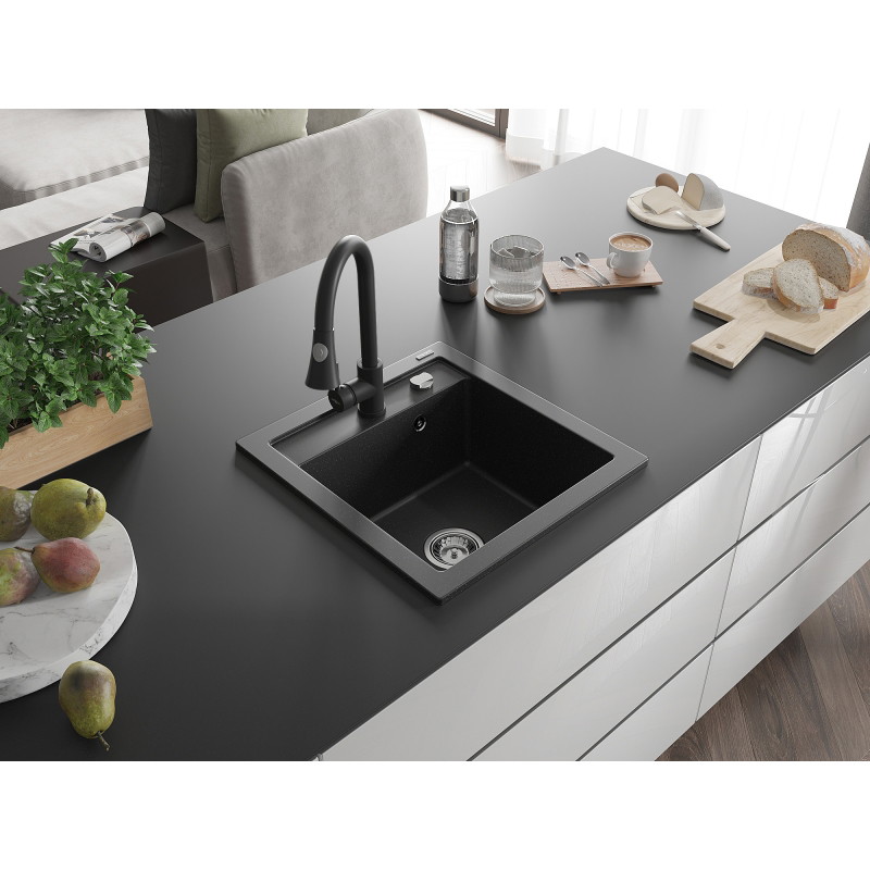 Mexen Vito évier en granit 1 bac avec mitigeur de cuisine Elia, noir/métallisé argent - 6503-73-670101-70