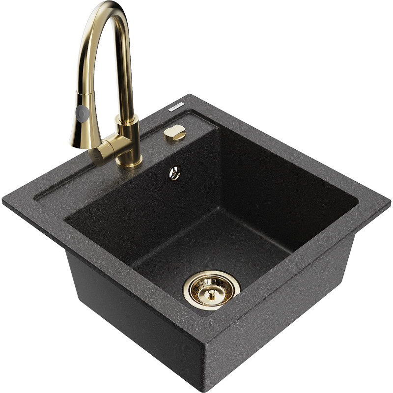 Mexen Vito évier granitique 1-bassin avec robinet de cuisine Elia, noir moucheté - 6503-76-670101-50