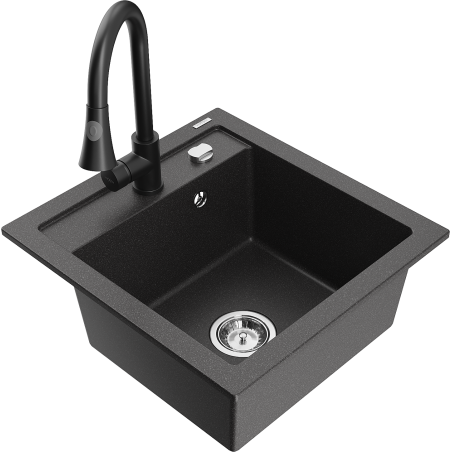 Mexen Vito évier en granit 1-bassin avec robinet de cuisine Elia, noir moucheté - 6503-76-670101-70