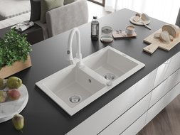 Mexen Mario évier en granit à 2 bacs avec robinet de cuisine Elia, blanc - 6504-20-670101-20