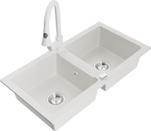 Mexen Mario évier en granit à 2 bacs avec robinet de cuisine Elia, blanc - 6504-20-670101-20