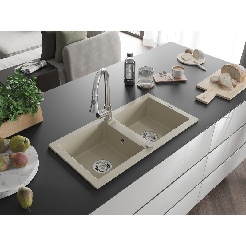 Mexen Mario évier en granit à 2 bacs avec robinet de cuisine Elia, beige - 6504-69-670101-00