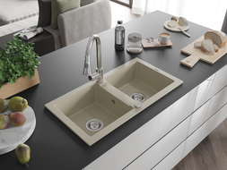 Mexen Mario évier en granit 2 bacs avec robinet de cuisine Elia, beige - 6504-69-670101-00