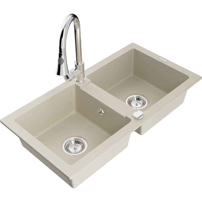 Mexen Mario évier en granit 2 bacs avec robinet de cuisine Elia, beige - 6504-69-670101-00