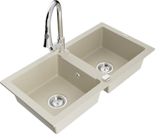 Mexen Mario évier en granit 2 bacs avec robinet de cuisine Elia, beige - 6504-69-670101-00