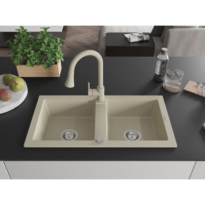 Mexen Mario évier en granit 2 cuves avec robinet de cuisine Elia, beige - 6504-69-670101-69