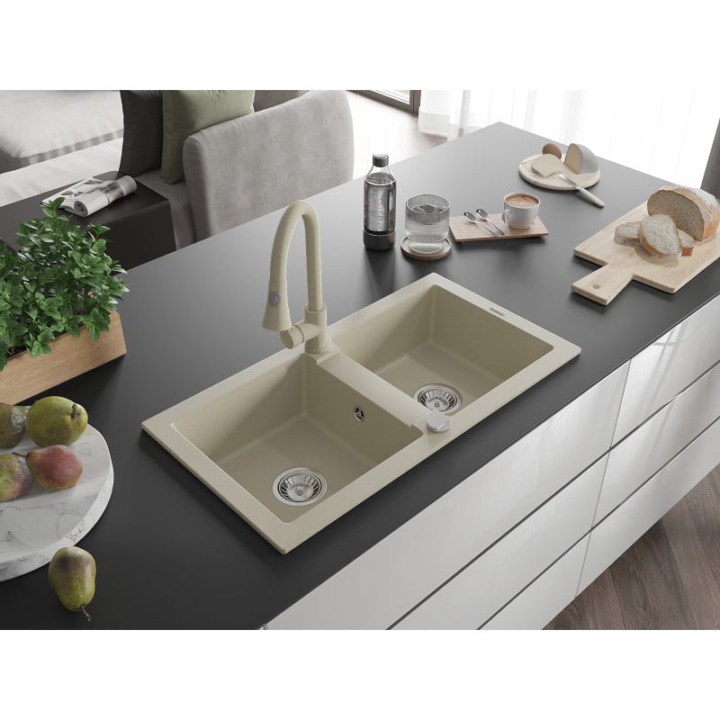 Mexen Mario évier en granit 2 cuves avec robinet de cuisine Elia, beige - 6504-69-670101-69