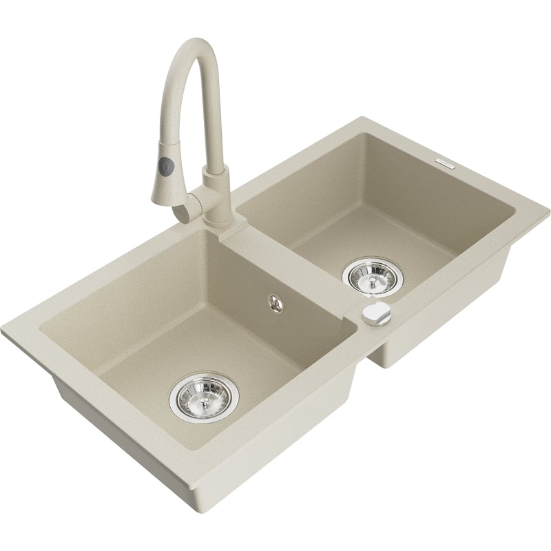 Mexen Mario évier en granit 2 bacs avec robinet de cuisine Elia, beige - 6504-69-670101-69
