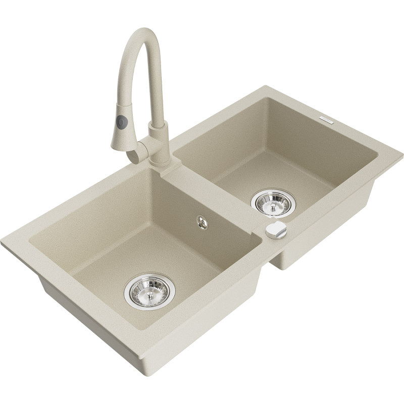 Mexen Mario évier en granit 2 cuves avec robinet de cuisine Elia, beige - 6504-69-670101-69