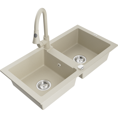 Mexen Mario évier en granit 2 cuves avec robinet de cuisine Elia, beige - 6504-69-670101-69