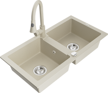 Mexen Mario évier en granit 2 cuves avec robinet de cuisine Elia, beige - 6504-69-670101-69