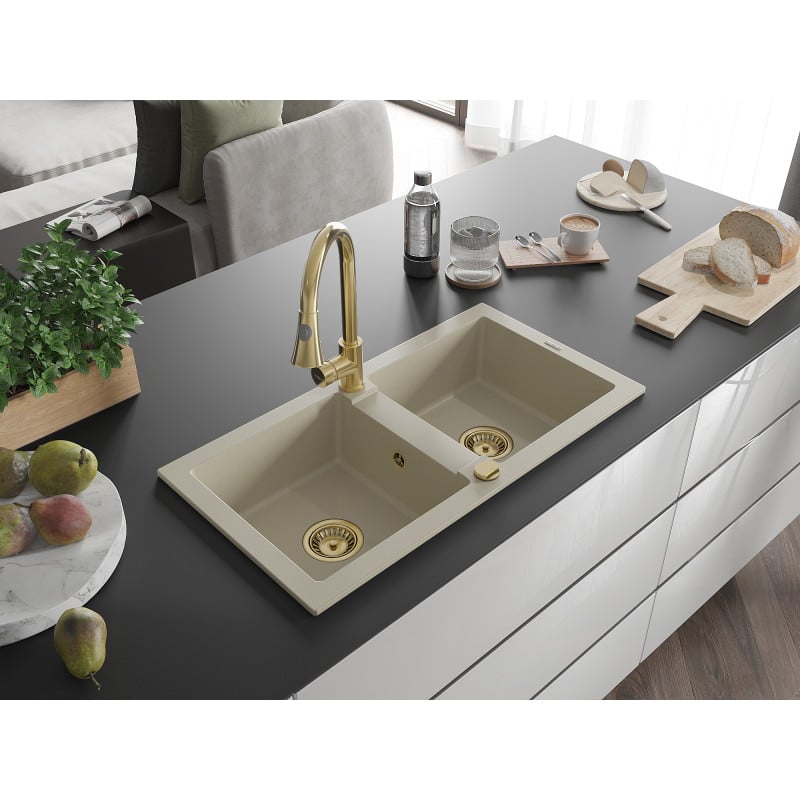 Mexen Mario évier en granit à 2 bacs avec robinet de cuisine Elia, beige - 6504-69-670101-50