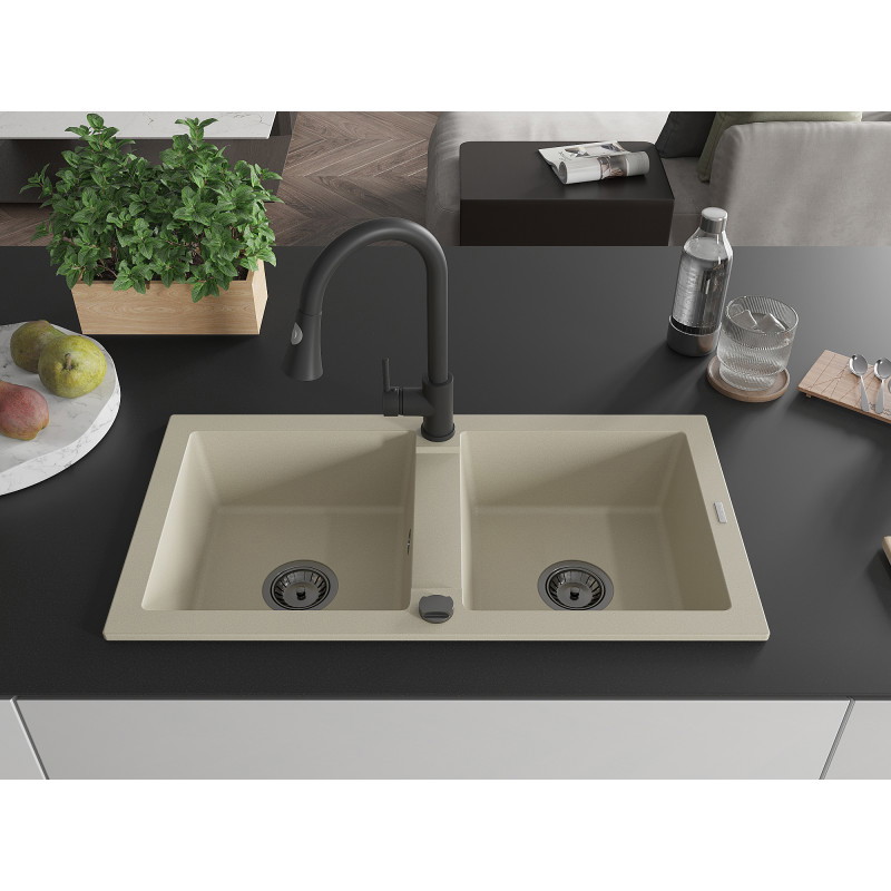 Mexen Mario évier en granit à 2 bacs avec robinet de cuisine Elia, beige - 6504-69-670101-70